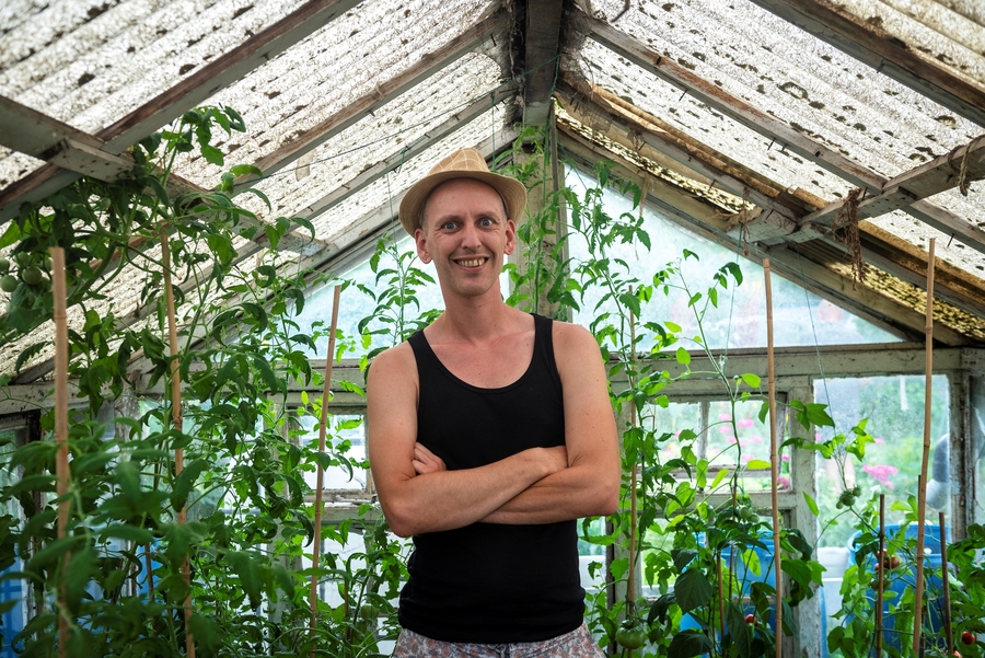 Man poseert in serre voor tomatenplanten. Man poseert in serre voor tomatenplanten.